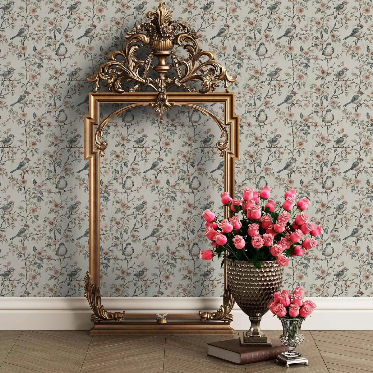 Bakgrund Fåglar på grenar med blommor i retro akvarellstil a00197