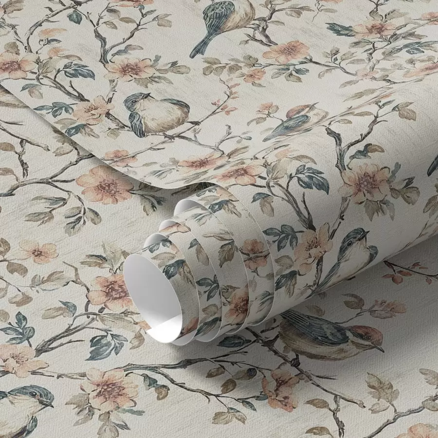 Fototapet Fåglar på grenar med blommor i retro akvarellstil a00197