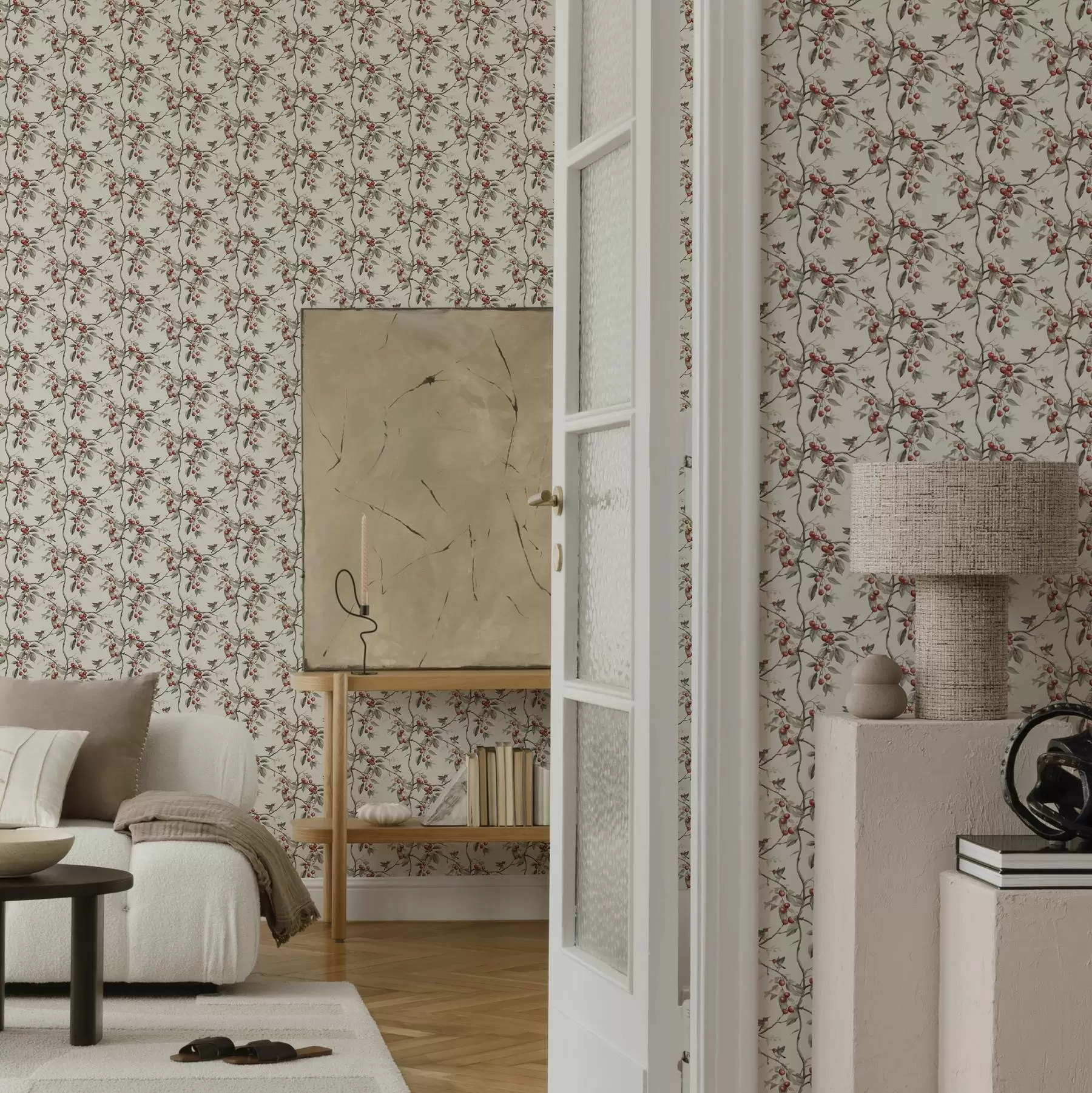 Fototapet Fåglar bland körsbärsgrenar med röda bär a00206