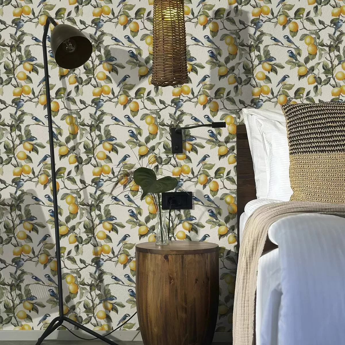 Bakgrund Fåglar och citroner på grenarna, akvarell botanisk teckning a00207