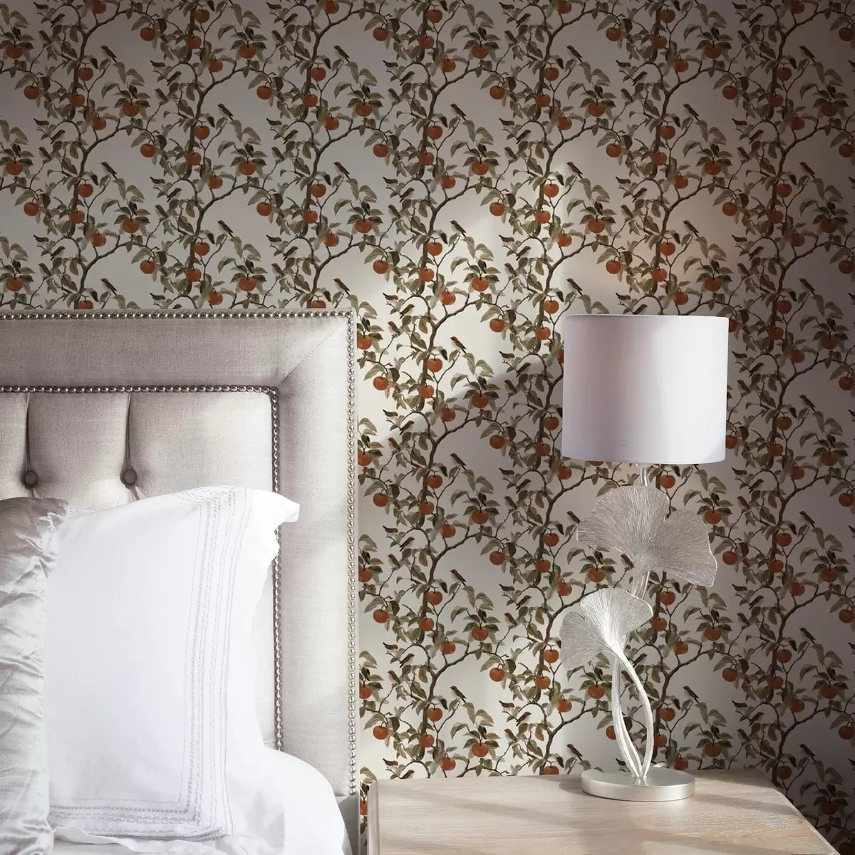 Bakgrund Fåglar och apelsiner på grenar, vintage botanik a00208