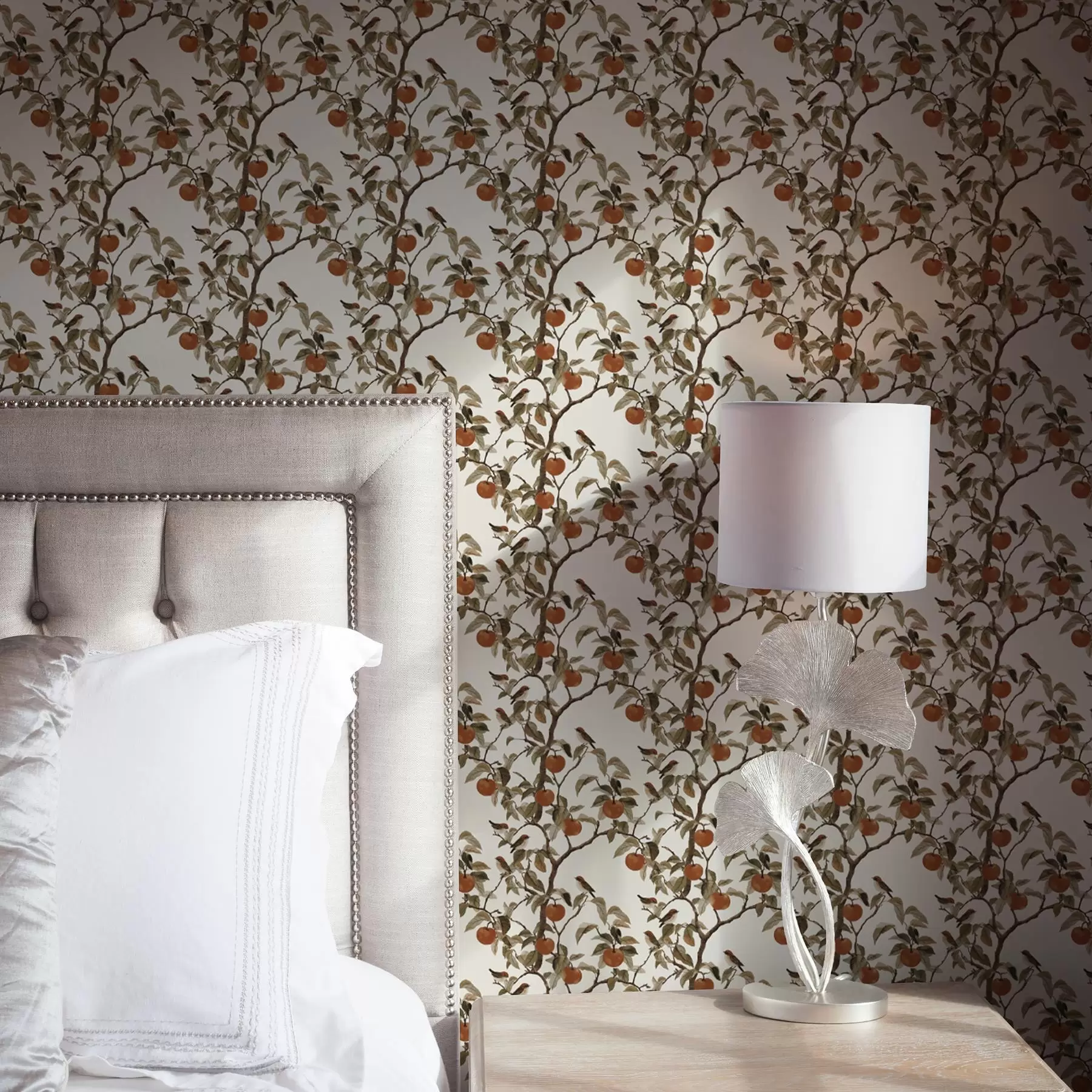 Fototapet Fåglar och apelsiner på grenar, vintage botanik a00208