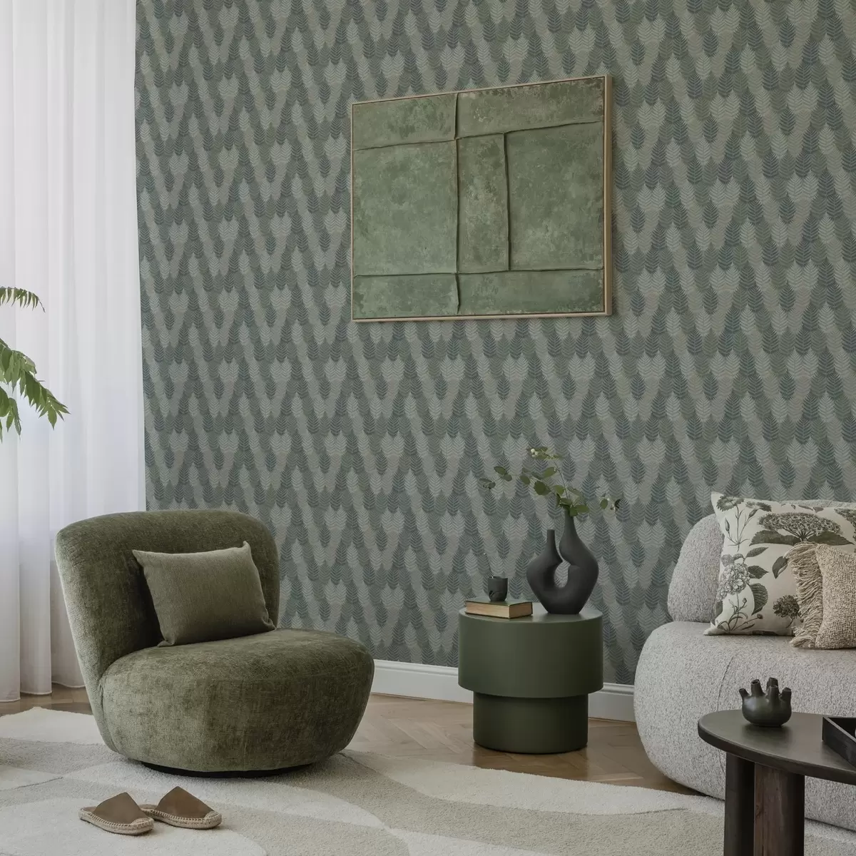 Bakgrund Ormbunksblad, geometriskt mönster, gröna och blå färger a00211