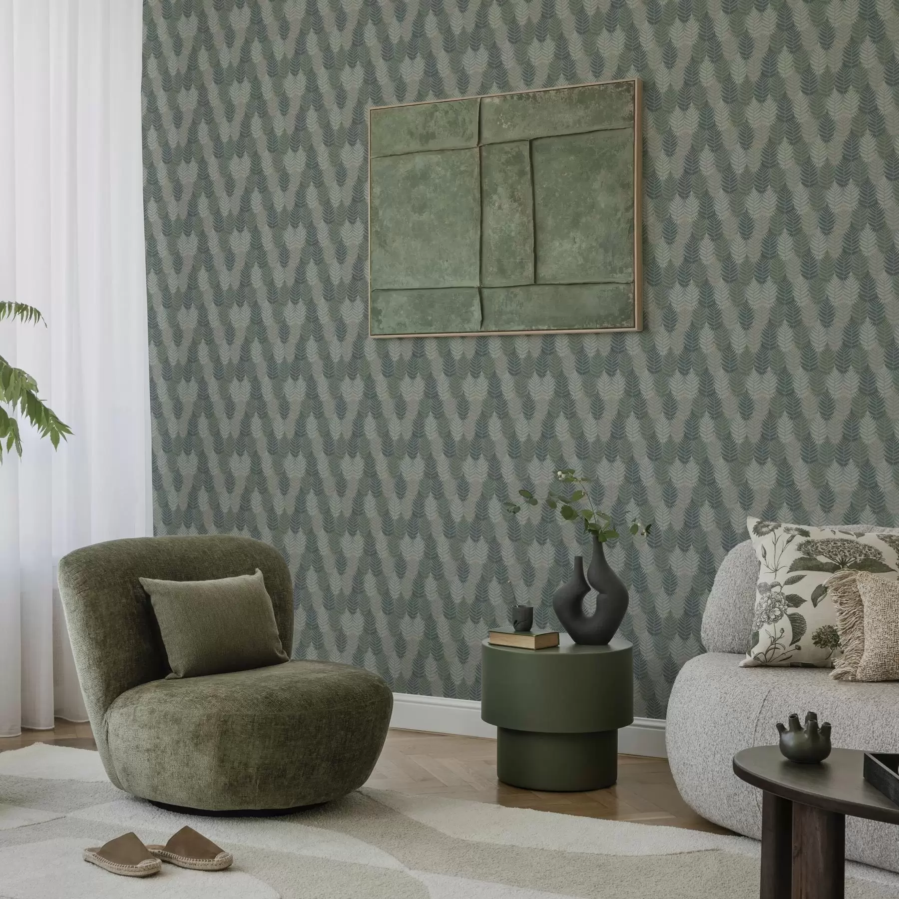 Fototapet Ormbunksblad, geometriskt mönster, gröna och blå färger a00211