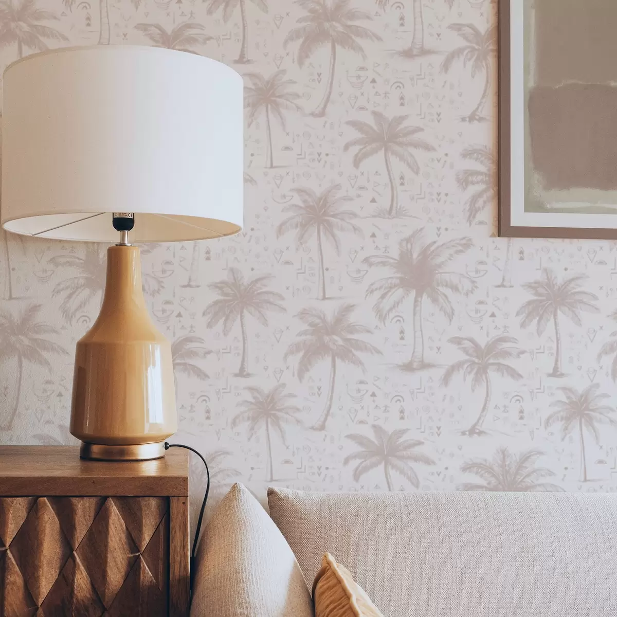 Bakgrund Palmer med etniska symboler, pastellrosa ton a00213