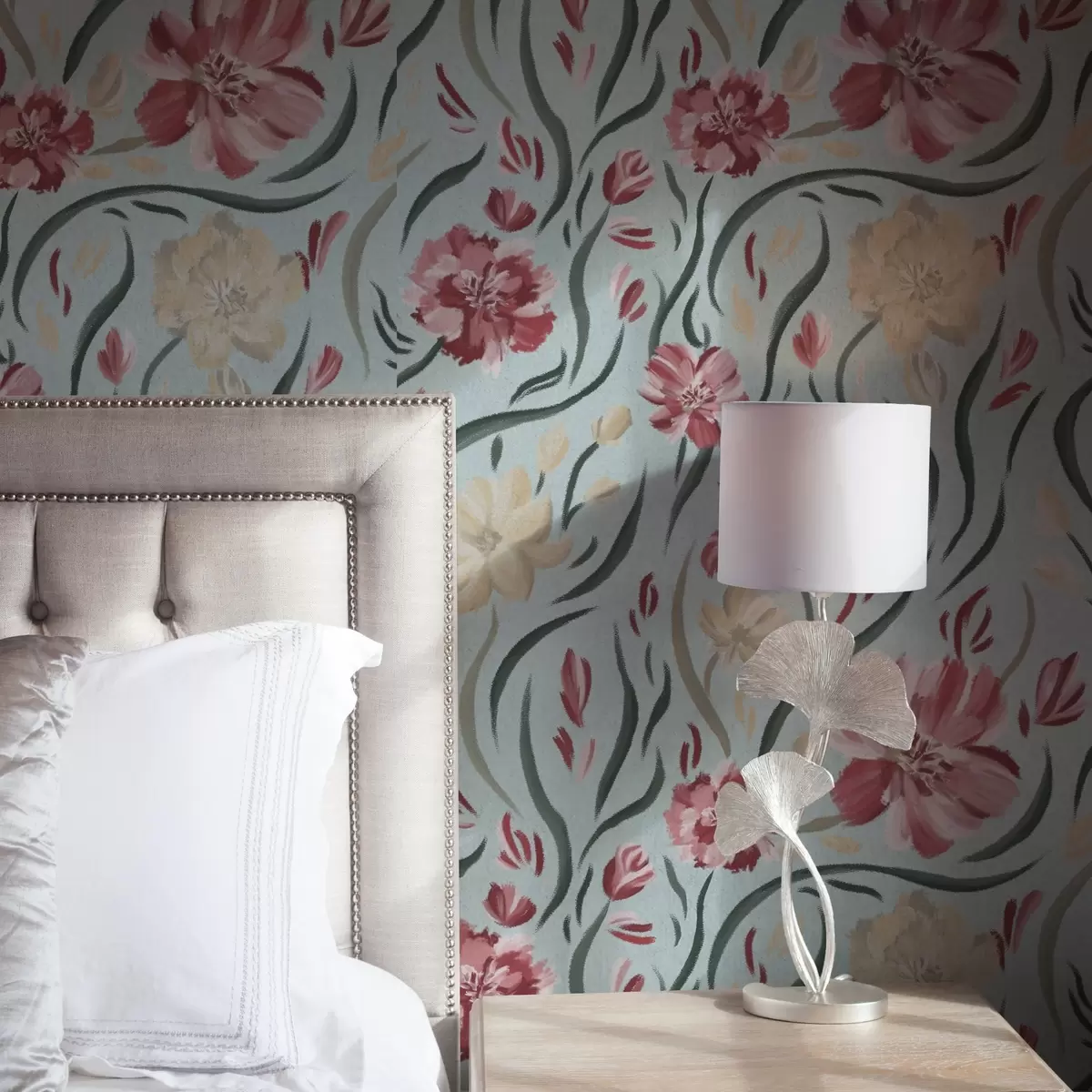 Bakgrund Akvarellblommor på blå bakgrund, rött och beige mönster a00216