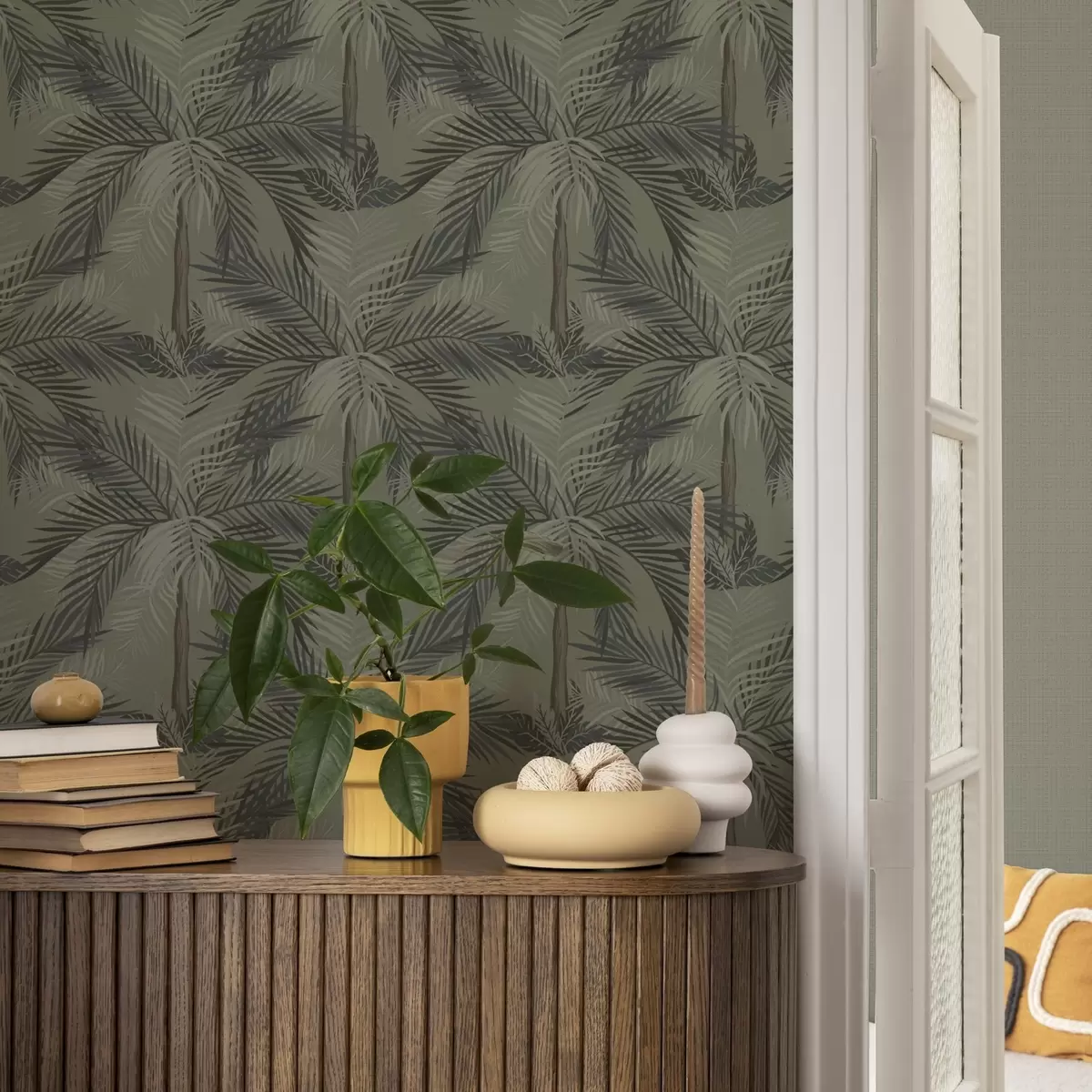 Bakgrund Palmblad på olivfärgad bakgrund, djungel, tropikerna a00217