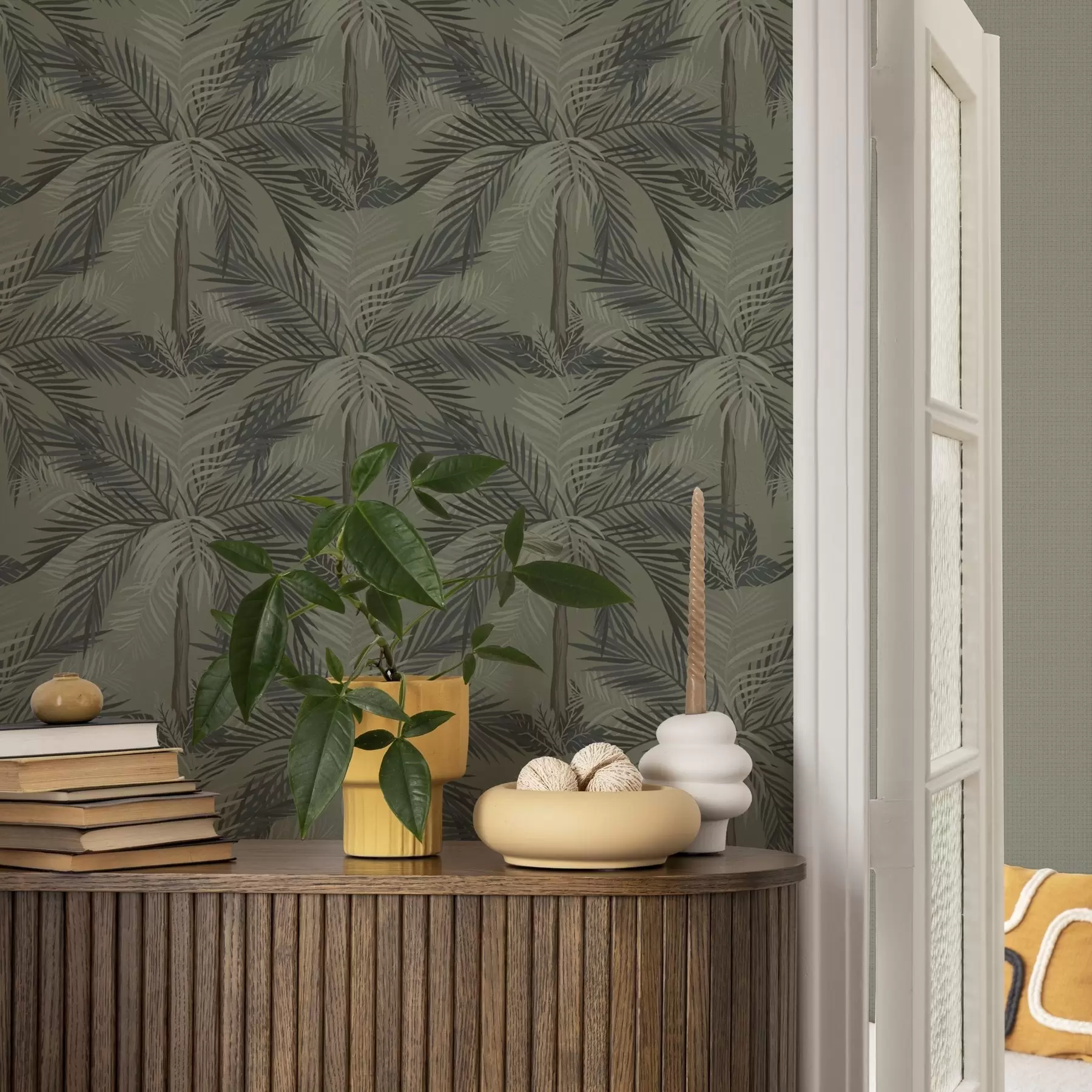 Fototapet Palmblad på olivfärgad bakgrund, djungel, tropikerna a00217