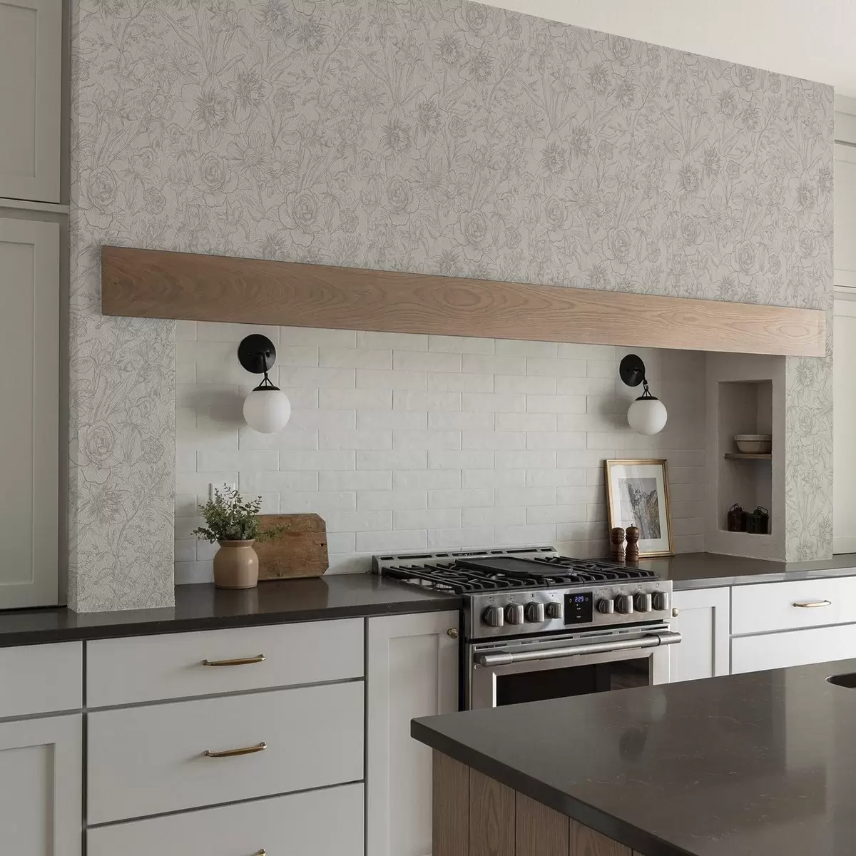 Bakgrund Konturblommor på en krämfärgad bakgrund, fint blommönster a00218