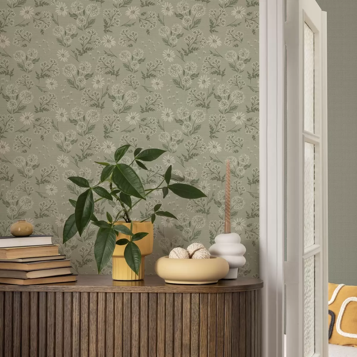 Bakgrund Maskrosor och prästkragar, botaniskt mönster på grågrön bakgrund a00224