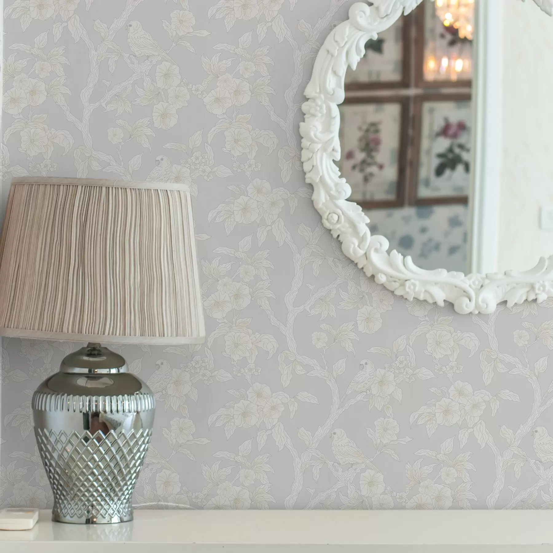 Fototapet Ljust mönster av fåglar på grenar, pastellfärgad palett, klassisk a00230