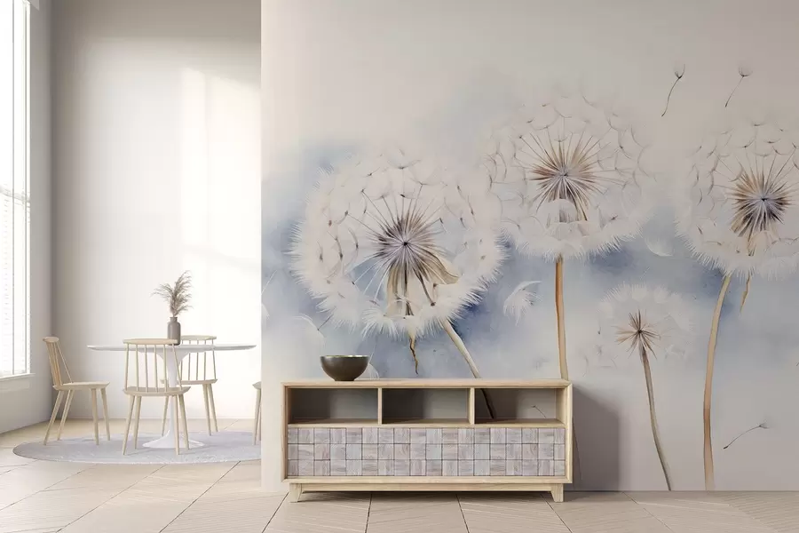 Fototapet Texturerade maskrosor med frön som svävar i luften, ljusblå och vit bakgrund, mjuk och känslig teckningsstil w09190