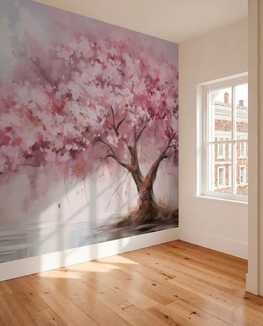 Fototapet Abstrakt rosa blommande träd i full blom, bredvid en flod, mjuka texturerade penseldrag och pastellfärger w09193