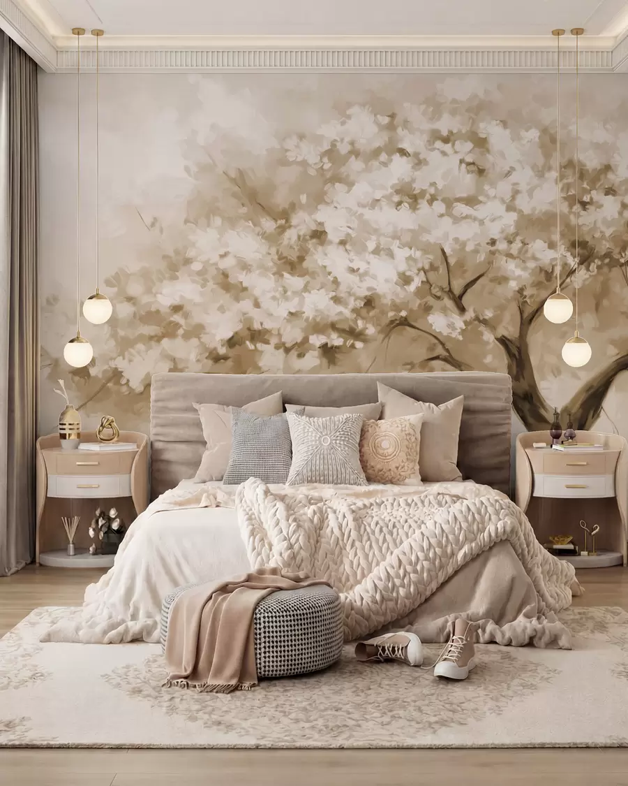 Fototapet Abstrakt beige blommande träd i full blom, bredvid en flod, mjuka texturerade penseldrag och pastellfärger w09193v1