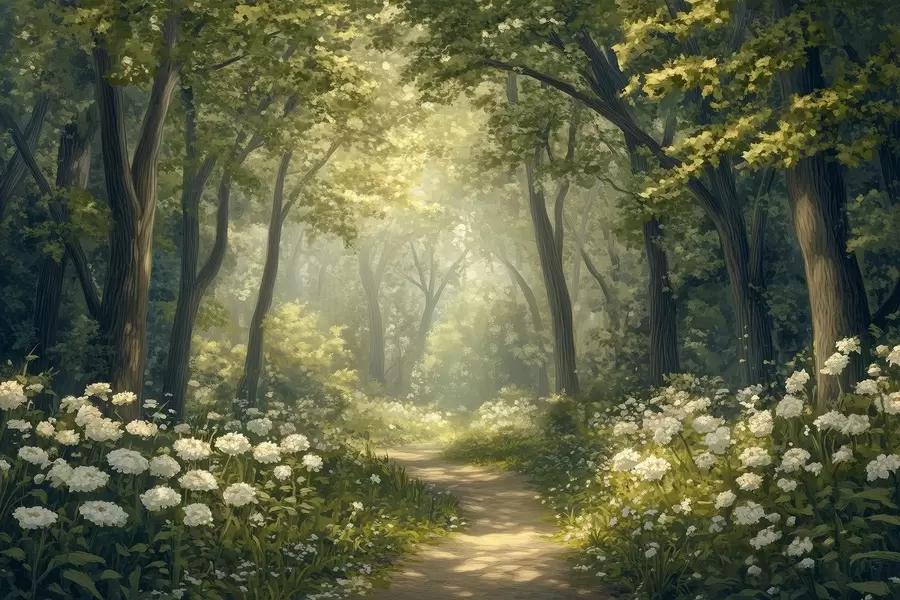 Fototapet Stig i den gröna skogen, vita blommor, solljus, teckning i akrylstil w04119