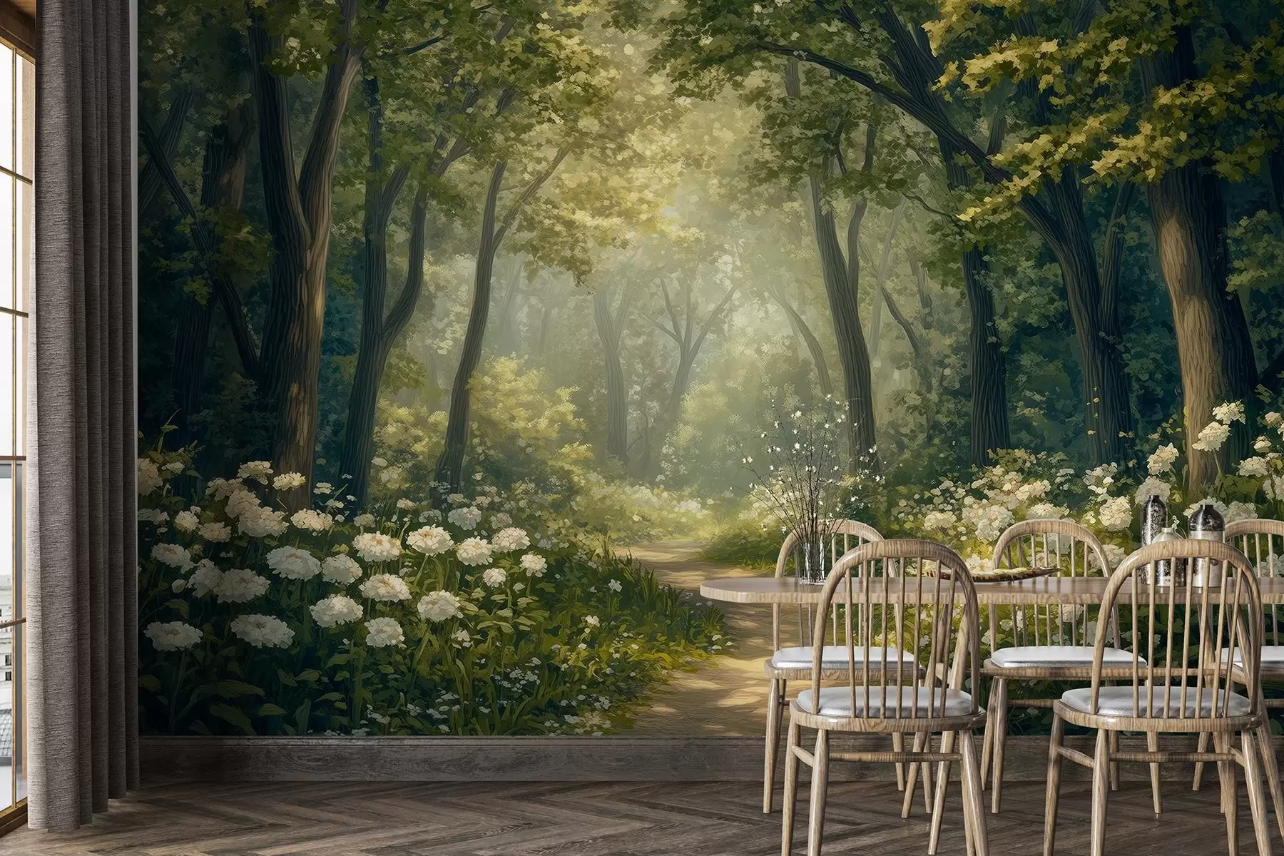 Fototapet Stig i den gröna skogen, vita blommor, solljus, teckning i akrylstil w04119