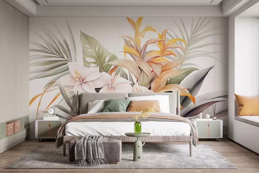 Fototapet Botanisk illustration av tropiska blommor med palm- och monsterablad, mjuka färger, akvarellstil w09201