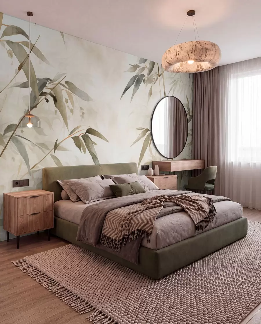 Fototapet Bambu med texturerade grenar och blad i akvarellstil, mjuk neutral färgpalett, ljus beige bakgrund w09204