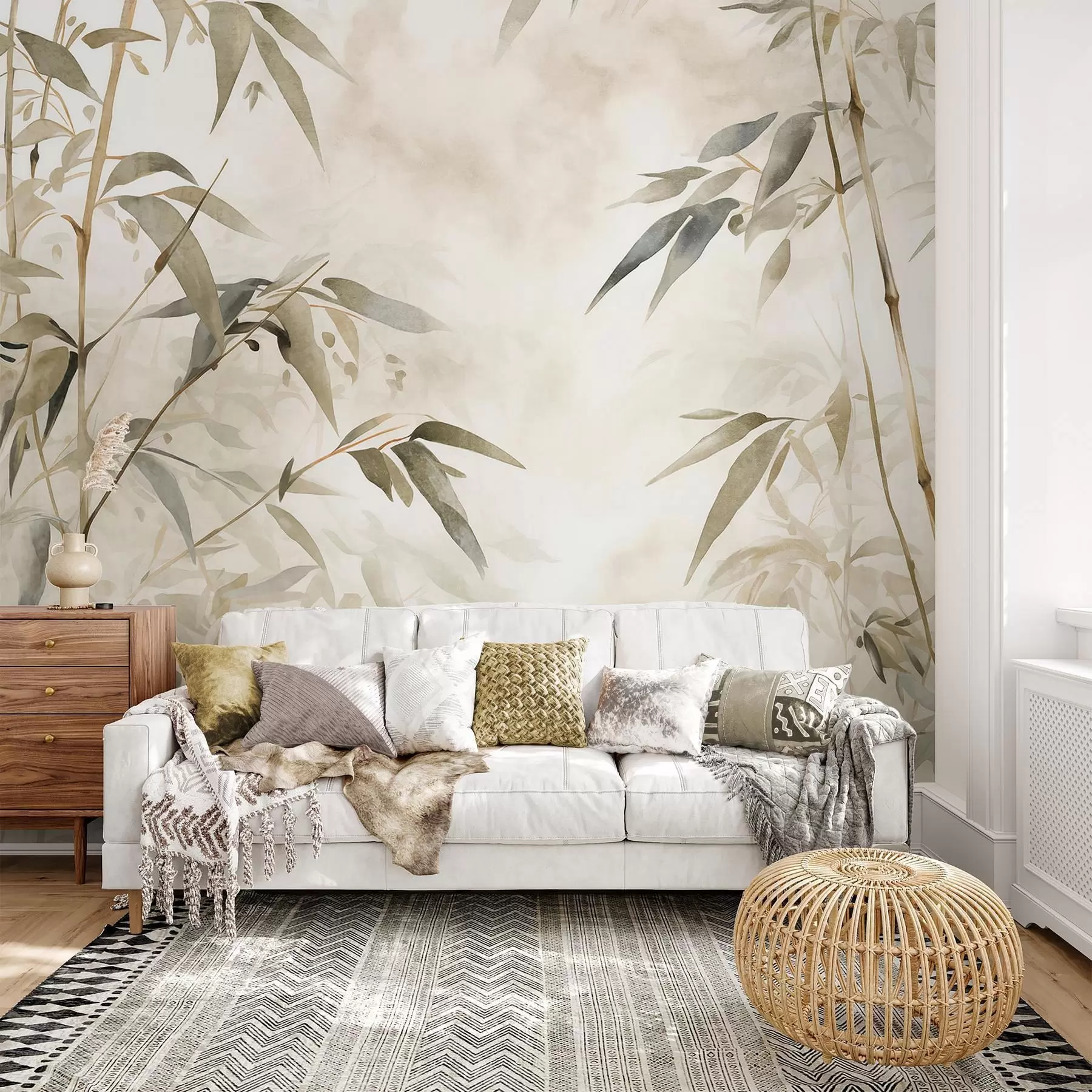 Fototapet Bambu med texturerade grenar och blad i akvarellstil, mjuk neutral färgpalett, ljus beige bakgrund w09204