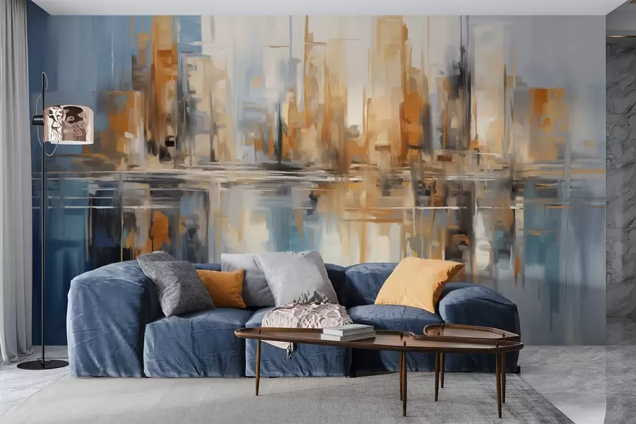 Fototapet Abstrakt texturerad stadsbild med höga byggnader i orange, blå och vita nyanser som speglas i vatten w09207
