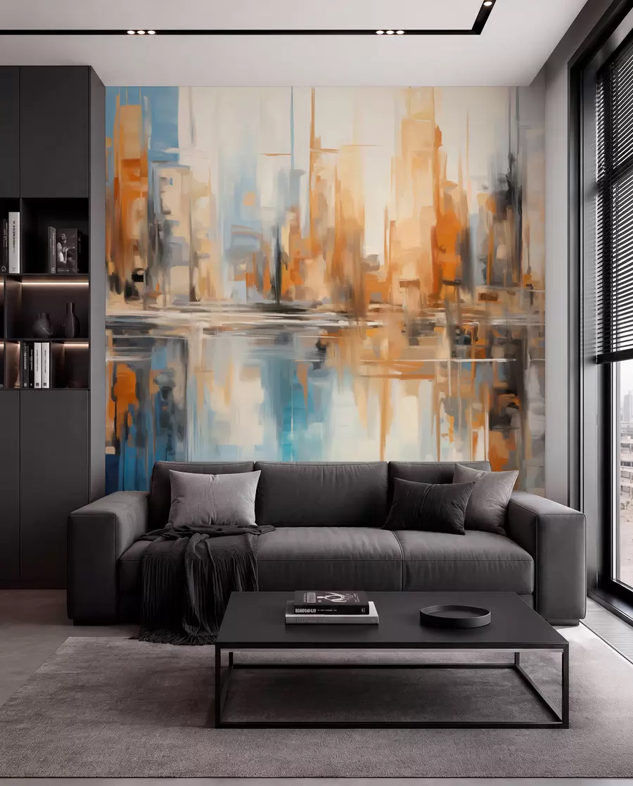 Fototapet Abstrakt texturerad stadsbild med höga byggnader i orange, blå och vita nyanser som speglas i vatten w09207