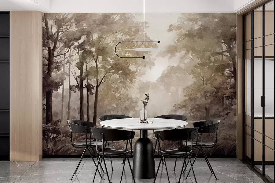 Fototapet Strukturerat skogslandskap, träd med beige och bruna blad, pastellfärgad palett w09210