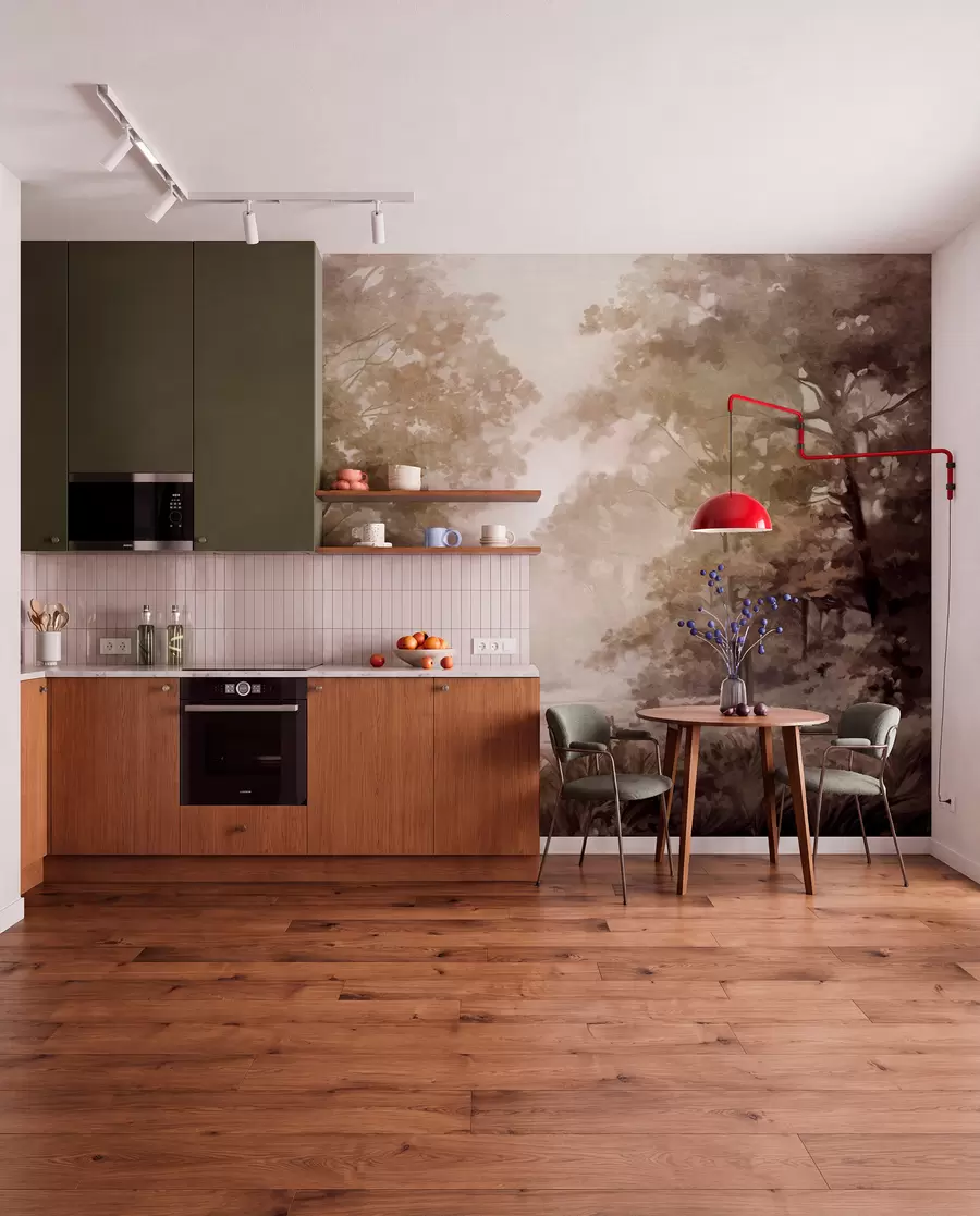 Fototapet Strukturerat skogslandskap, träd med beige och bruna blad, pastellfärgad palett w09210