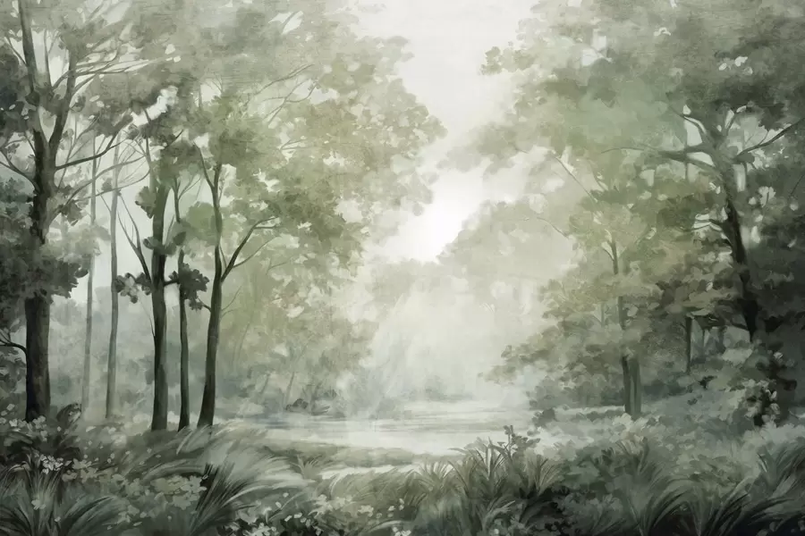 Fototapet Strukturerat skogslandskap, träd med gröna blad, pastellfärgpalett w09210v2