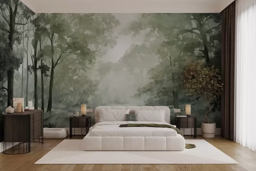 Fototapet Strukturerat skogslandskap, träd med gröna blad, pastellfärgpalett w09210v2