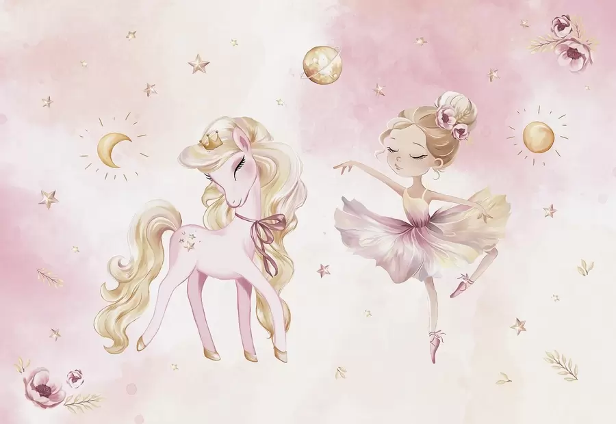 Fototapet Enhörning och ballerina i en rosa saga, barnberättelse w04196