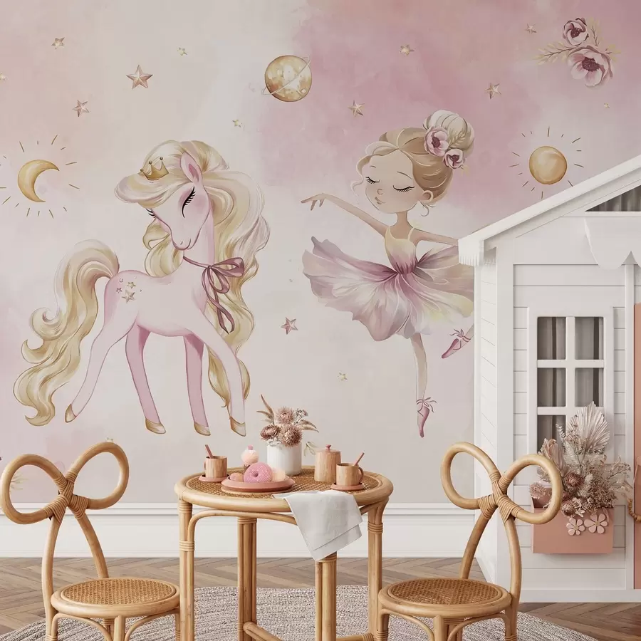 Fototapet Enhörning och ballerina i en rosa saga, barnberättelse w04196