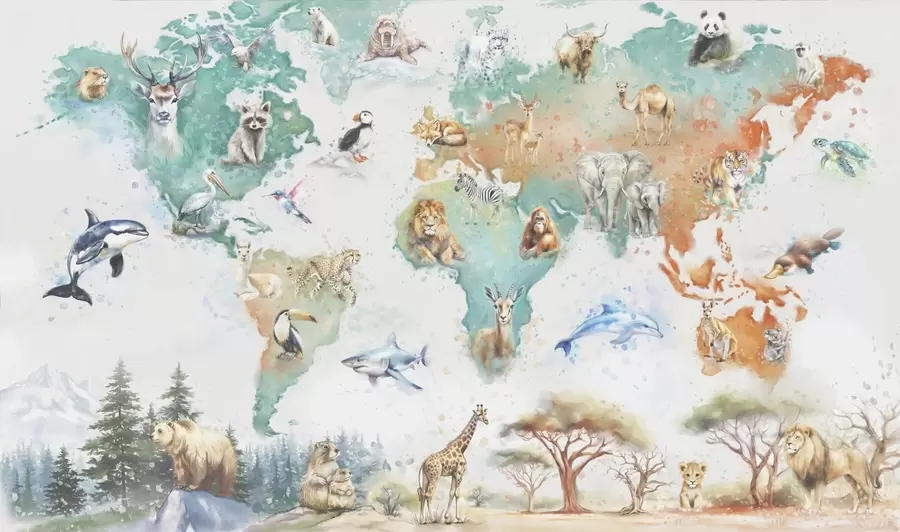 Fototapet Världskarta med djur, pedagogisk illustrationsstil för barn w04148