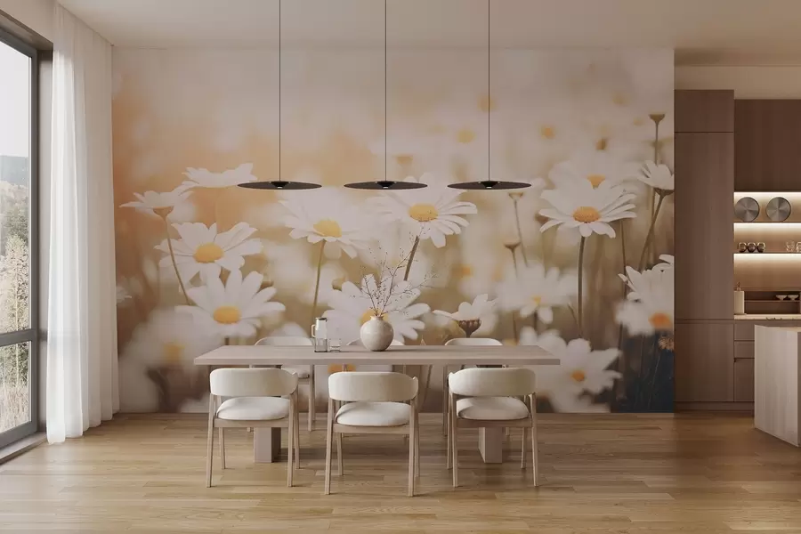 Fototapet Vilda prästkragar på en ljus bakgrund med mjukfokuseringseffekt w04161