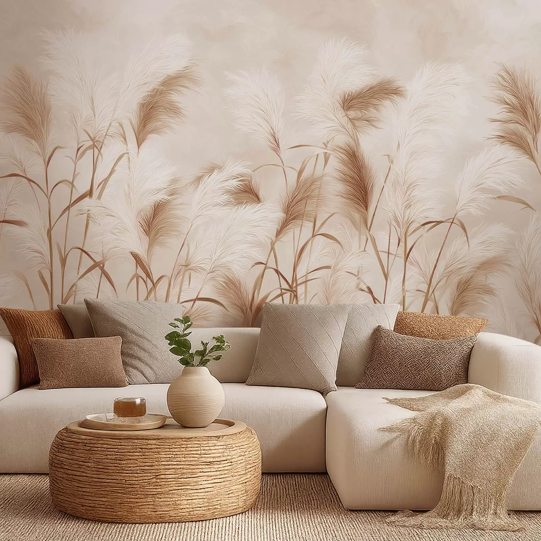Fototapet Eleganta blommor av pampasgräs i mjuka beige och mjölkiga toner w09150v1