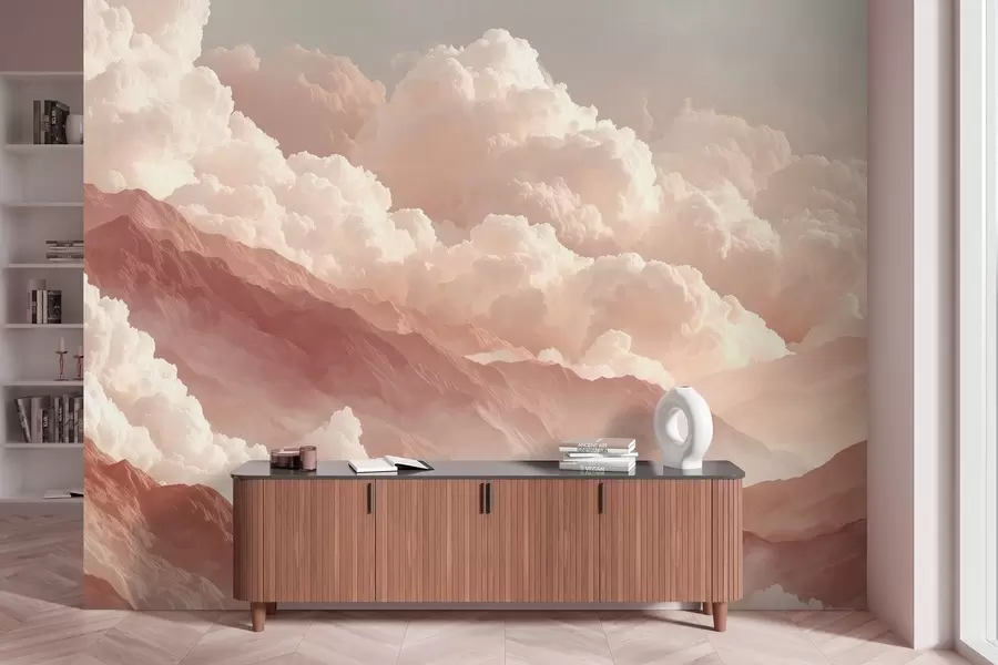 Fototapet Varm soluppgång över berg med fluffiga moln w09226