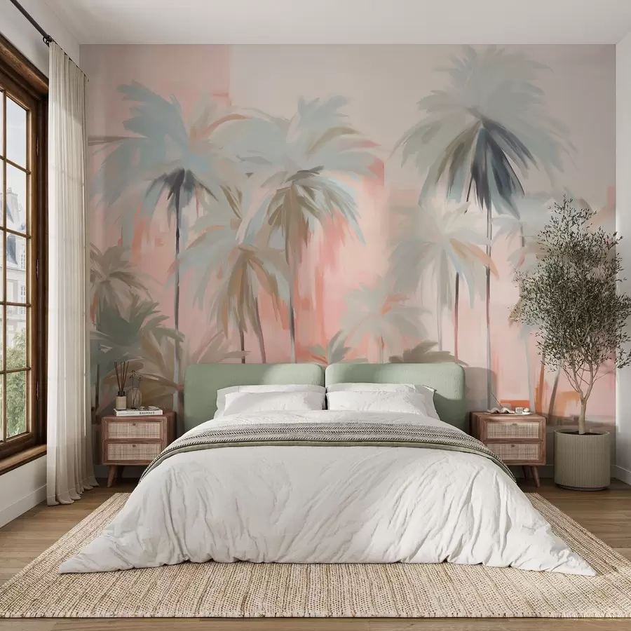 Fototapet Abstrakta minimalistiska pastellfärgade tropiska palmer mot en bakgrund av mjuka rosa och persikofärgade nyanser w09212