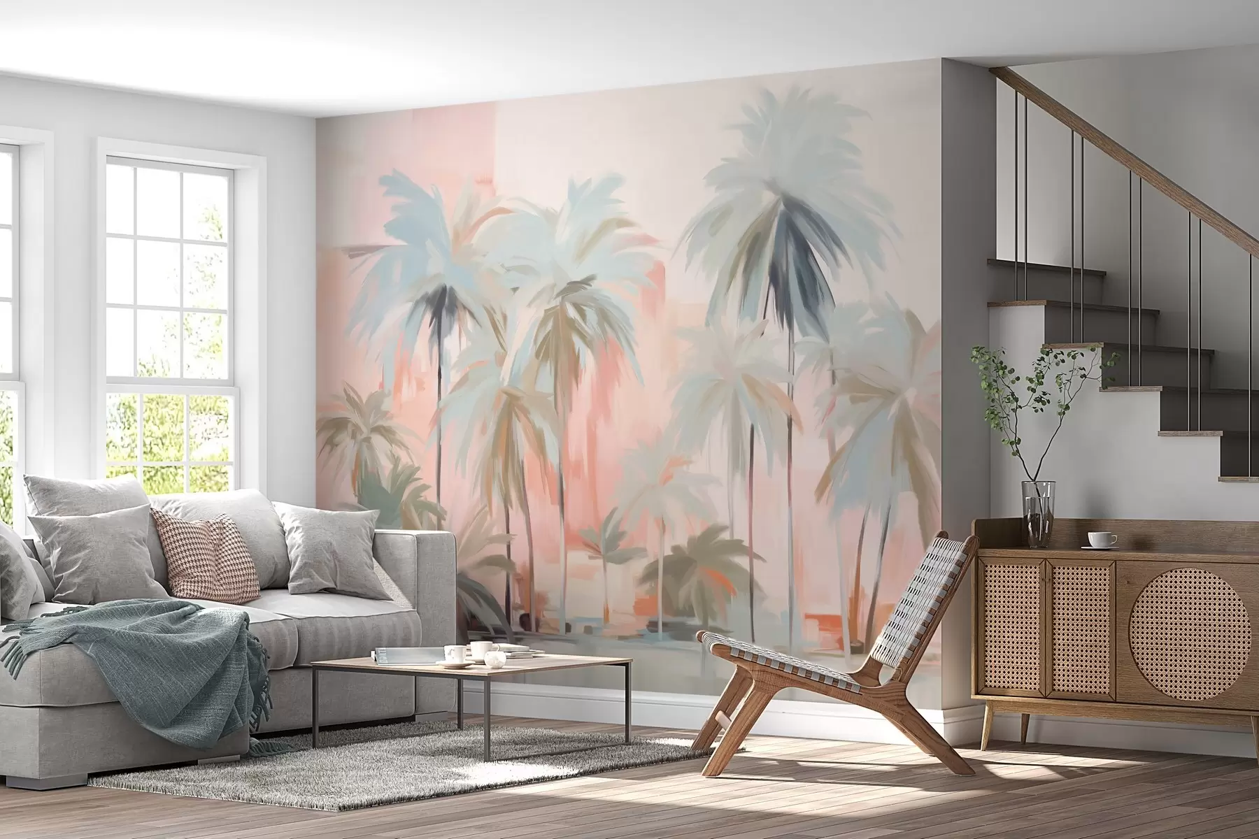 Fototapet Abstrakta minimalistiska pastellfärgade tropiska palmer mot en bakgrund av mjuka rosa och persikofärgade nyanser w09212