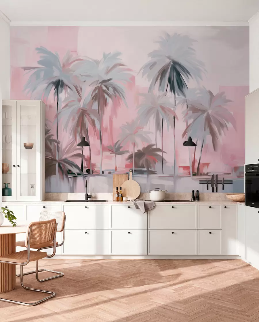 Fototapet Abstrakta minimalistiska pastellfärgade tropiska palmer mot en bakgrund av dämpade rosa och grå nyanser w09212v1