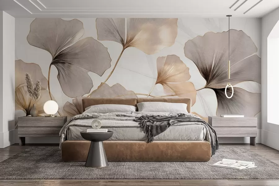 Fototapet Ginkgo biloba-blad i beige, gula och bruna toner, skir texturerad akvarelleffekt, ljus bakgrund w09215
