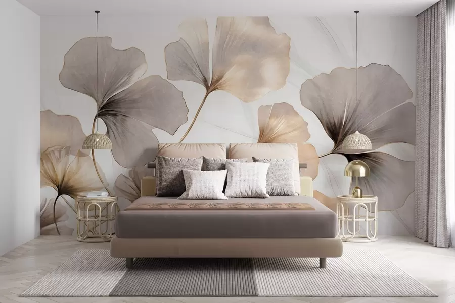 Fototapet Ginkgo biloba-blad i beige, gula och bruna toner, skir texturerad akvarelleffekt, ljus bakgrund w09215