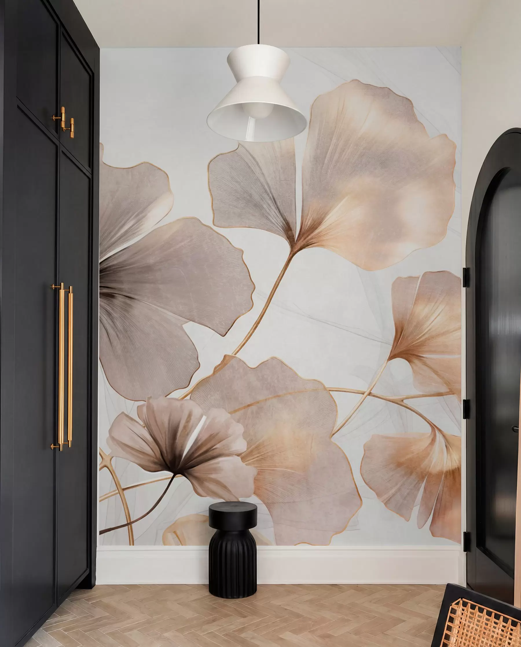Fototapet Ginkgo biloba-blad i beige, gula och bruna toner, skir texturerad akvarelleffekt, ljus bakgrund w09215