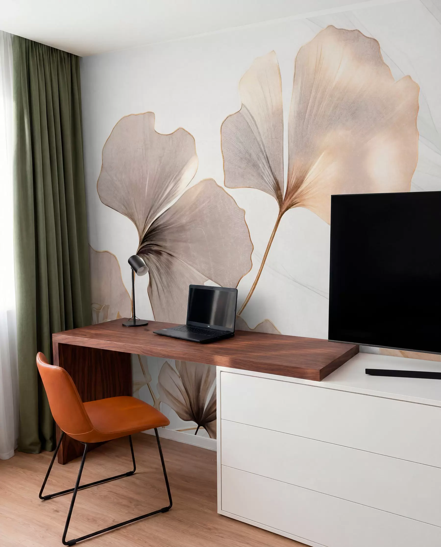 Fototapet Ginkgo biloba-blad i beige, gula och bruna toner, skir texturerad akvarelleffekt, ljus bakgrund w09215