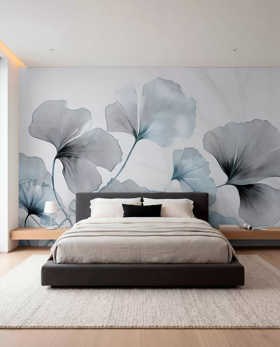 Fototapet Ginkgo biloba-blad i dämpade blå och grå toner, delikat texturerad akvarelleffekt, ljus bakgrund w09215v1