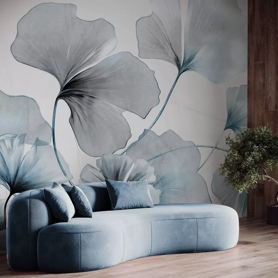 Fototapet Ginkgo biloba-blad i dämpade blå och grå toner, delikat texturerad akvarelleffekt, ljus bakgrund w09215v1