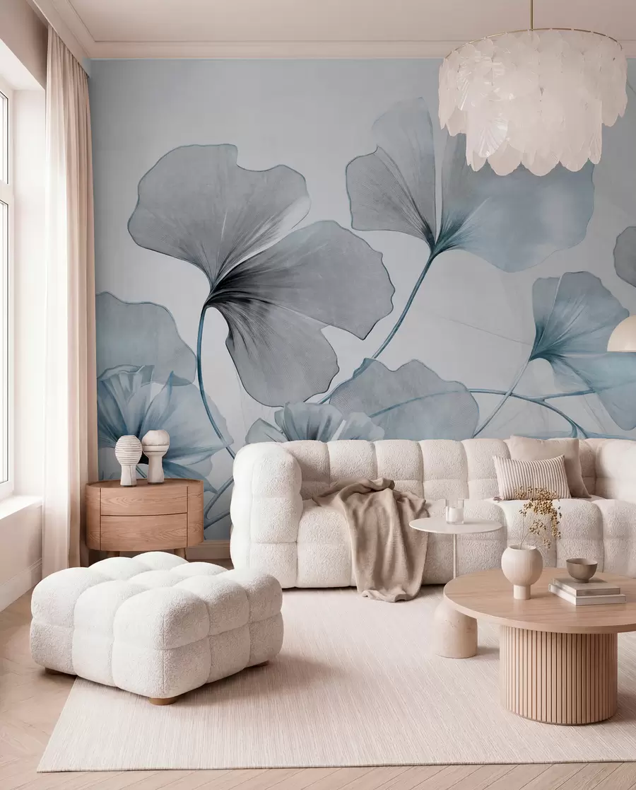 Fototapet Ginkgo biloba-blad i dämpade blå och grå toner, delikat texturerad akvarelleffekt, ljus bakgrund w09215v1