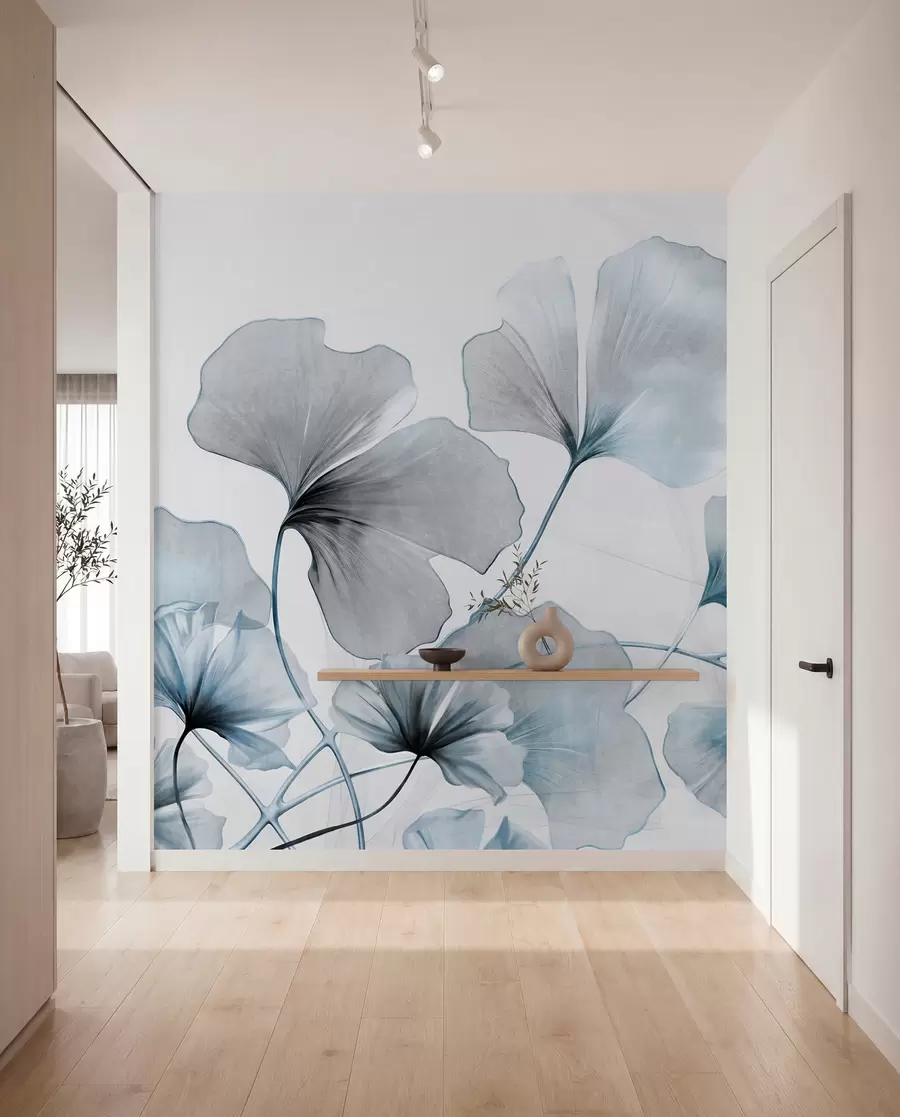Fototapet Ginkgo biloba-blad i dämpade blå och grå toner, delikat texturerad akvarelleffekt, ljus bakgrund w09215v1