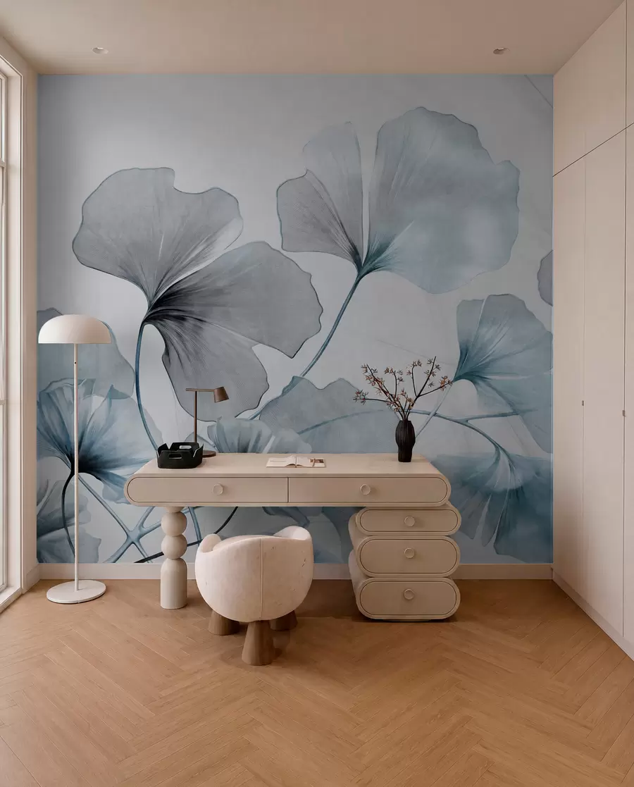 Fototapet Ginkgo biloba-blad i dämpade blå och grå toner, delikat texturerad akvarelleffekt, ljus bakgrund w09215v1