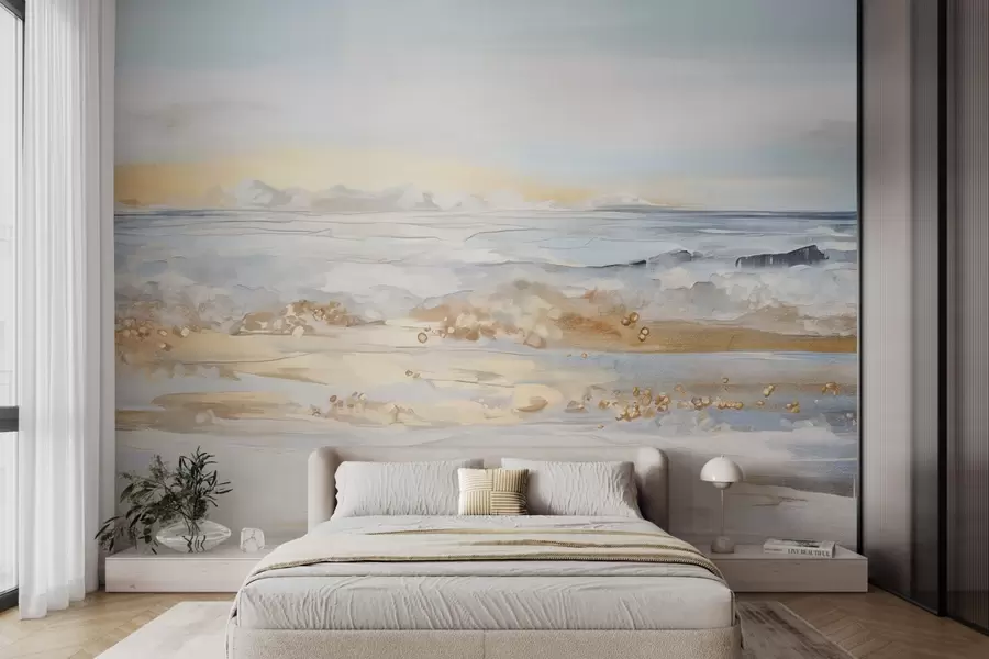 Fototapet Abstrakt texturerat landskap havsvågor som slår på en sandstrand, mjuka pastellfärger, blå himmel med lätta moln w09234
