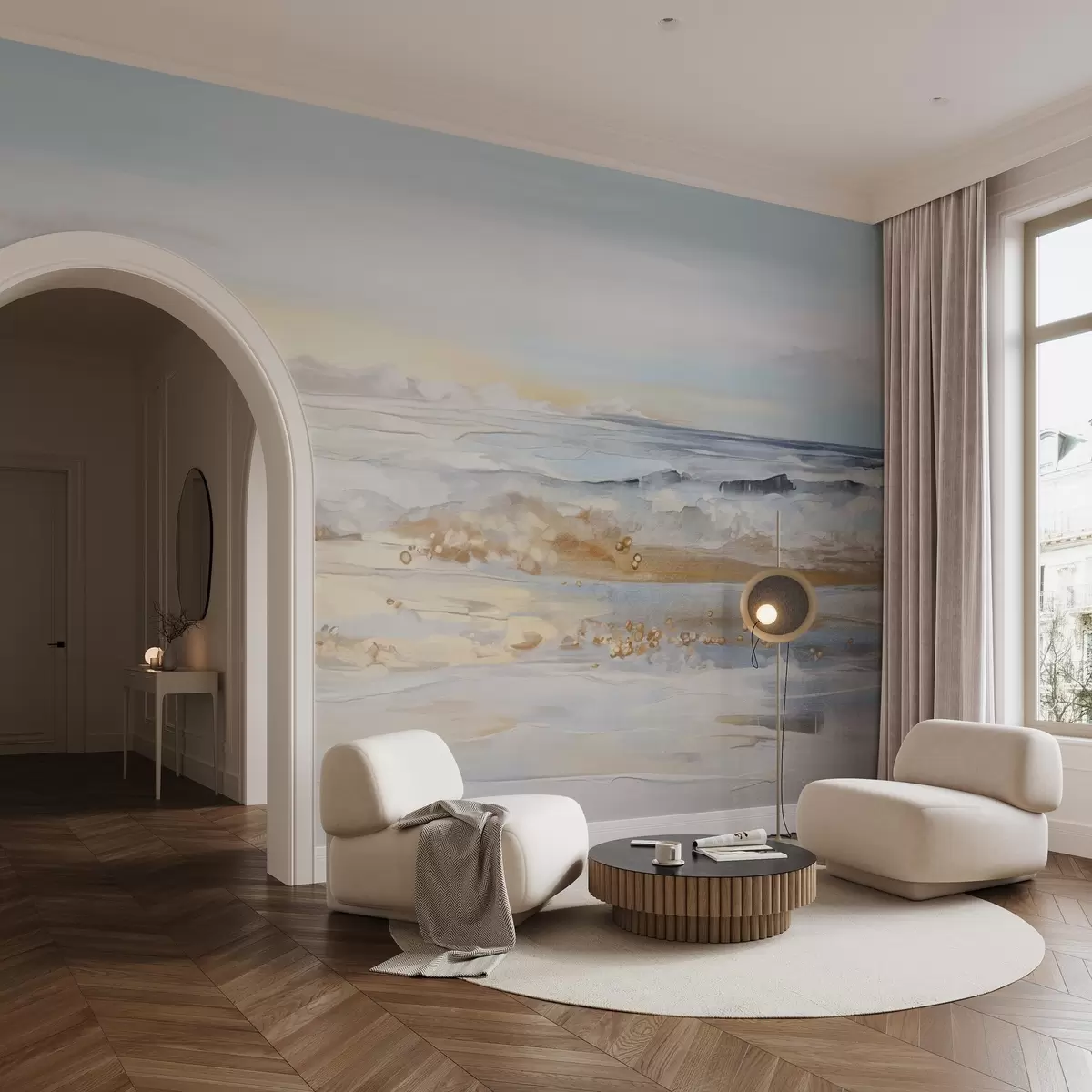 Fototapet Abstrakt texturerat landskap havsvågor som slår på en sandstrand, mjuka pastellfärger, blå himmel med lätta moln w09234