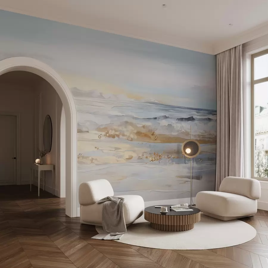 Fototapet Abstrakt texturerat landskap havsvågor som slår på en sandstrand, mjuka pastellfärger, blå himmel med lätta moln w09234